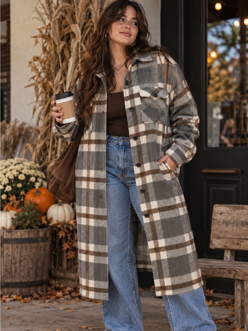 Plaid Longline Shacket Jacket - Gray, White & Brown L